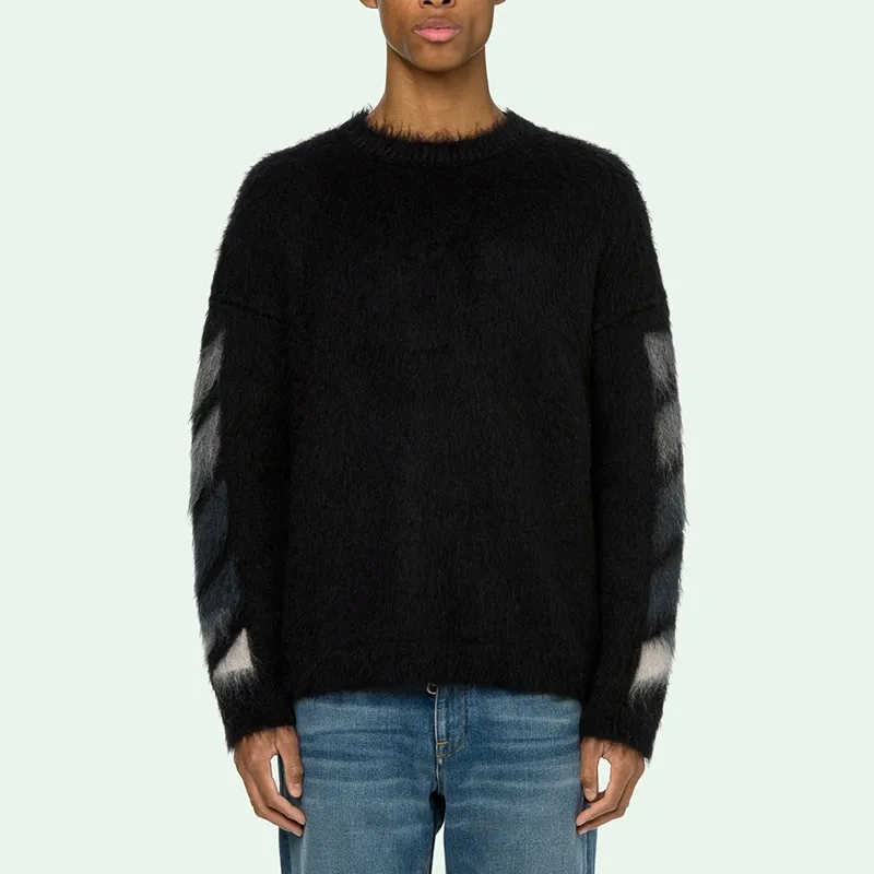 ♻️💯Reference model picture for the upper body❤️New top tested version OFFWHITE (OW) Gradient Mohair Striped Arrow Sweater Hoodie Gradient Rendering Arrow Couple Sweater Mohair sweater ow family will release every year🛒 The same style and ever-changing colors, really no girl does not love it, it is super suitable for wearing under a down jacket in winter, and will not be bloated! If the lower body is missing, their favorite os version🙋🏻‍♀️ intuitively adds natural softness and fairy beauty effect, which is the best choice! The upper body is lightweight and does not weigh down the body while keeping warm. The sleeves and the gradient arrow parts on the back are repeatedly patterned until the gradient level is satisfied before large-scale products are released. The craftsmanship is extremely demanding. Each sweater is woolen at least ten times to give it a plush, thick feel and good fluffiness! ✅ Fabric composition: 50% mohair 32 spandex 18% wool, three-level anti-pilling Color: black and white gradient Sizes Mohair is lighter and softer, so be careful not to machine wash it, not machine washable! ! emphasize! !  ⚠️Hand wash with warm water and cold water P:440